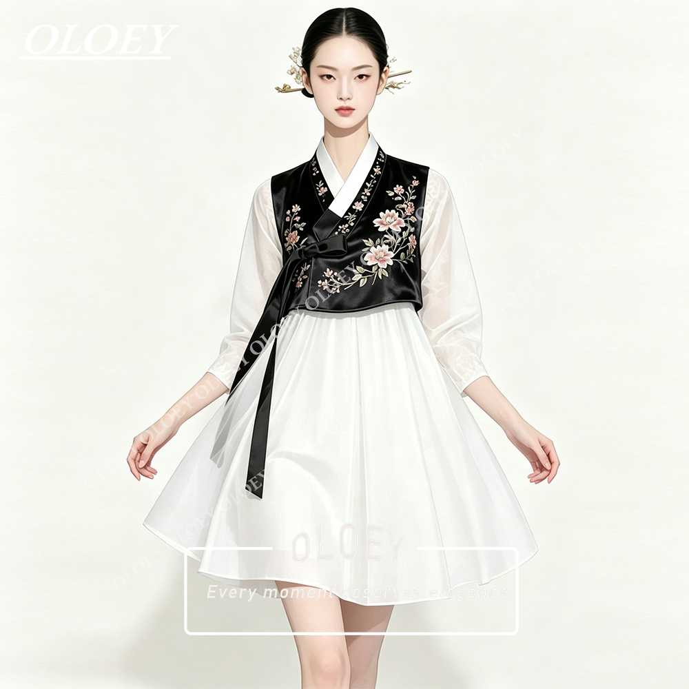 Hanbok Modern Set - OLOEY Stijlvolle Zwarte Satijn Ivoor Chiffon
