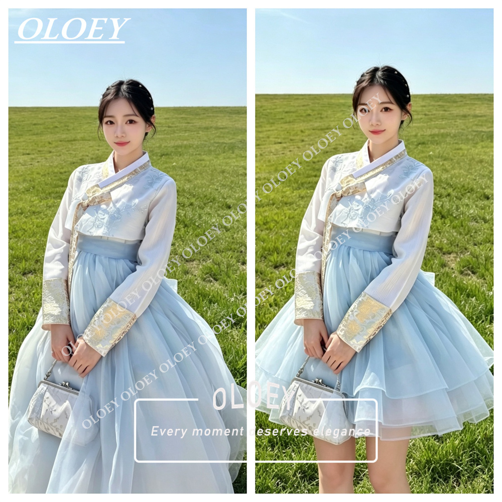 Hanbok Modern Set - OLOEY Elegante Lichtblauwe Ivoor Koreaanse Hanbok